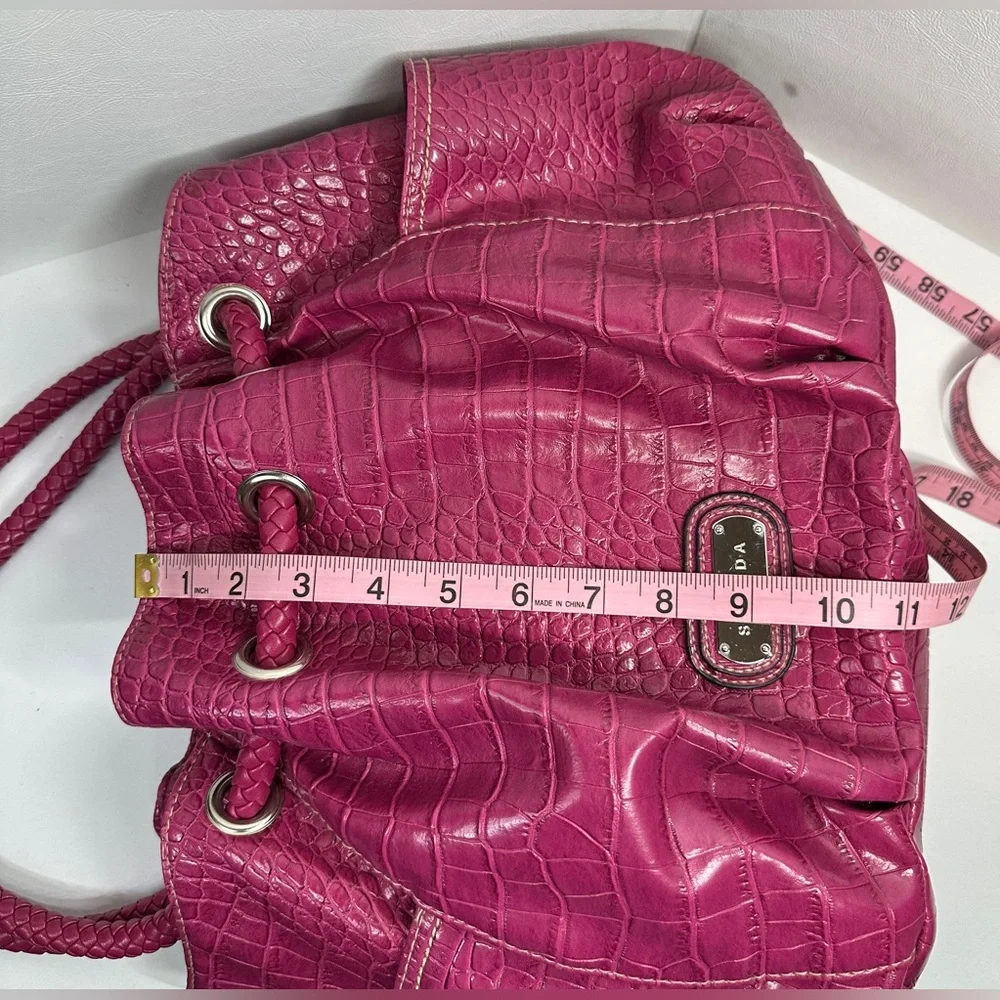 Strada Dark Pink Purple Faux Crocodile Hobo Shoulder Bag Drawstring Braid Handle